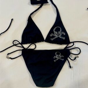 Rare Y2K Victoria’s Secret Rhinestone Skull Bikini Set Black Goth Punk 2000s